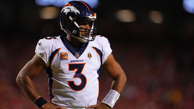 KANSAS CITY, MO - OCTOBER 12: Russell Wilson #3 of the Denver Broncos looks towards the sideline against the Kansas City Chiefs at GEHA Field at Arrowhead Stadium on October 12, 2023 in Kansas City, Missouri.