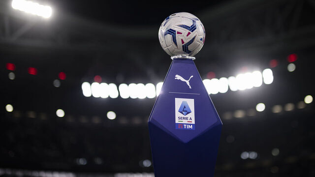 ALLIANZ STADIUM, TURIN, ITALY - 2023/09/26: The official Serie A match ball Puma 'Orbita' is seen on a plinth bearing Serie A and Puma logos prior to the Serie A football match between Juventus FC and US Lecce. Juventus FC won 1-0 over US Lecce.
