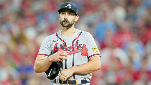 PHILADELPHIA, PA - OCTOBER 12: Atlanta Braves starting pitcher Spencer Strider (99) looks on during game four of the NLDS game between the Atlanta Braves and the Philadelphia Phillies on October 12, 2023, at Citizens Bank Park.