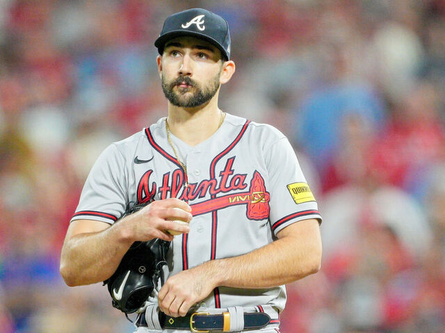 PHILADELPHIA, PA - OCTOBER 12: Atlanta Braves starting pitcher Spencer Strider (99) looks on during game four of the NLDS game between the Atlanta Braves and the Philadelphia Phillies on October 12, 2023, at Citizens Bank Park.