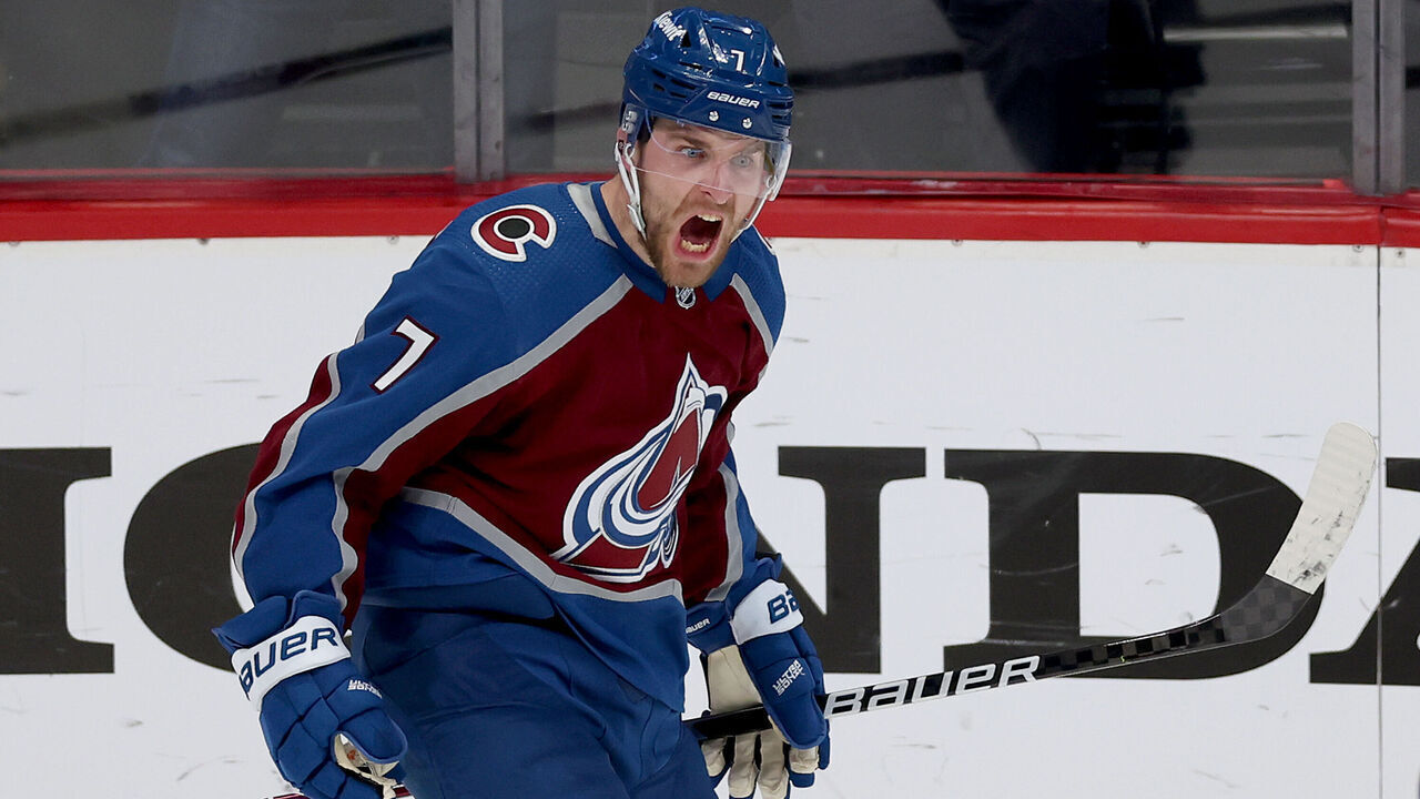 DENVER, COLORADO - APRIL 20: Devon Toews #7 of the Colorado Avalanche celebrates after scoring the go ahead goal against the Seattle Kraken in the third period in Game Two of the First Round of the 2023 Stanley Cup Playoffs at Ball Arena on April 20, 2023 in Denver, Colorado.