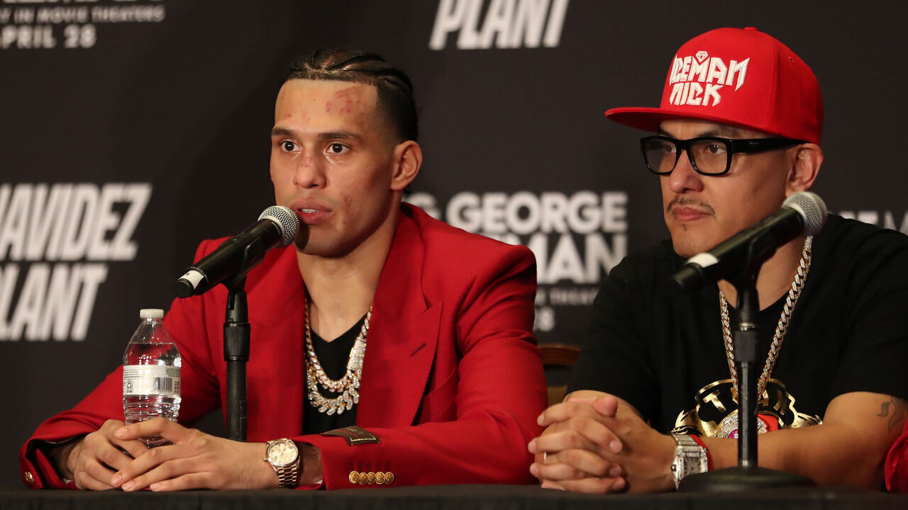 LAS VEGAS, NEVADA - MARCH 25: David Benavidez speaks to the media after his Interim WBC World Super Middleweight Title bout against Caleb Plant on March 25, 2023, at the MGM Grand Garden Arena in Las Vegas, Nevada.