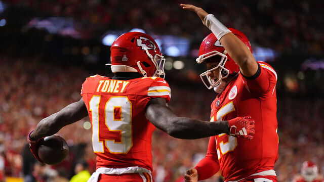 KANSAS CITY, MO - OCTOBER 12: Kadarius Toney #19 of the Kansas City Chiefs celebrates after scoring a touchdown with quarterback Patrick Mahomes against the Denver Broncos at GEHA Field at Arrowhead Stadium on October 12, 2023 in Kansas City, Missouri.
