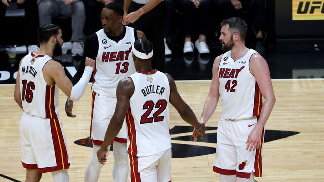 MIAMI, FL - JUNE 9: Caleb Martin #16, Bam Adebayo #13, Jimmy Butler #22, and Kevin Love #42 of the Miami Heat huddle up on the court during the game against the Denver Nuggets during Game Four of the 2023 NBA Finals on June 9, 2023 at Kaseya Center in Miami, Florida. Mandatory Copyright Notice: Copyright 2023 NBAE