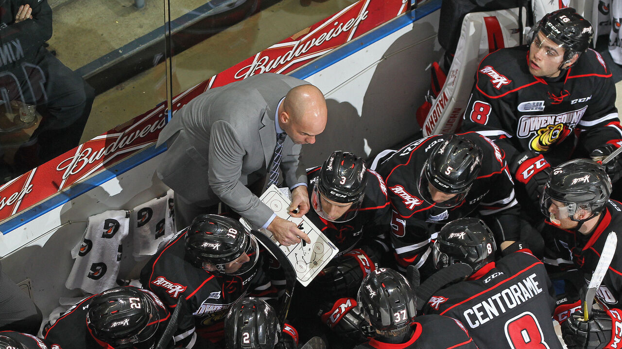 LONDON, ON - DECEMBER 2: Assistant coach Alan Letang of the Owen Sound Attack goes over a play prior to overtime against the London Knights in an OHL game at Budweiser Gardens on December 2, 2016 in London, Ontario, Canada. Owen Sound defeated London 3-2 in an overtime shoot-out.