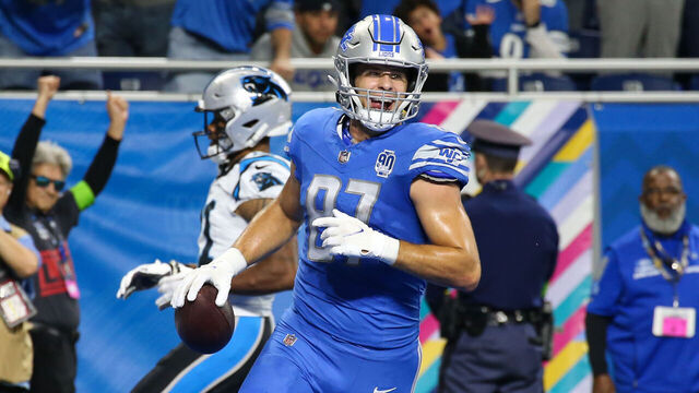 DETROIT, MI - OCTOBER 08: Detroit Lions tight end Sam LaPorta (87) celebrates as he runs into the end zone for a touchdown after catching a pass during the second quarter of an NFL football game between the Carolina Panthers and the Detroit Lions on October 8, 2023 at Ford Field in Detroit, Michigan.