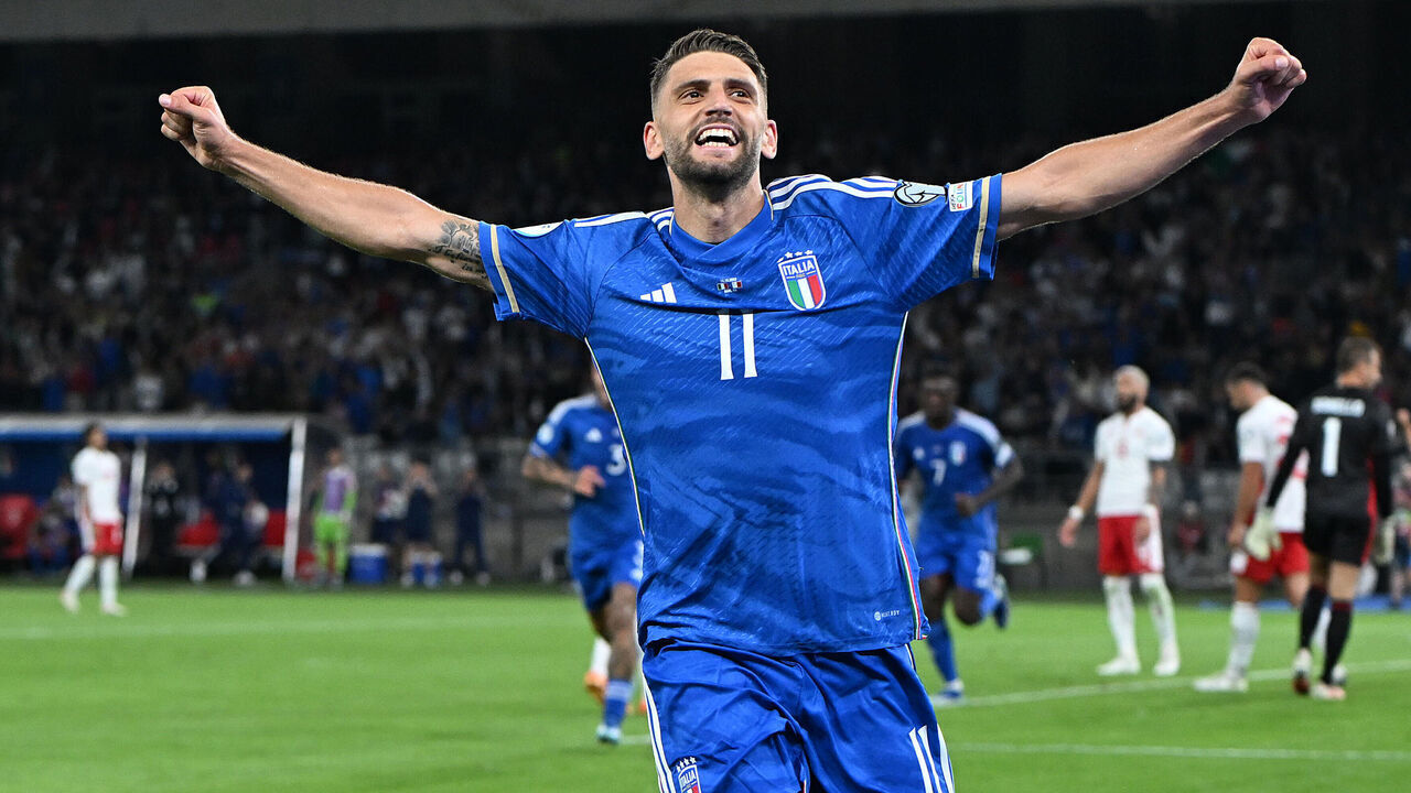 BARI, ITALY - OCTOBER 14: Domenico Berardi of Italy celebrates after scoring his side third goal during the UEFA EURO 2024 European qualifier match between Italy and Malta at Stadio San Nicola on October 14, 2023 in Bari, Italy.