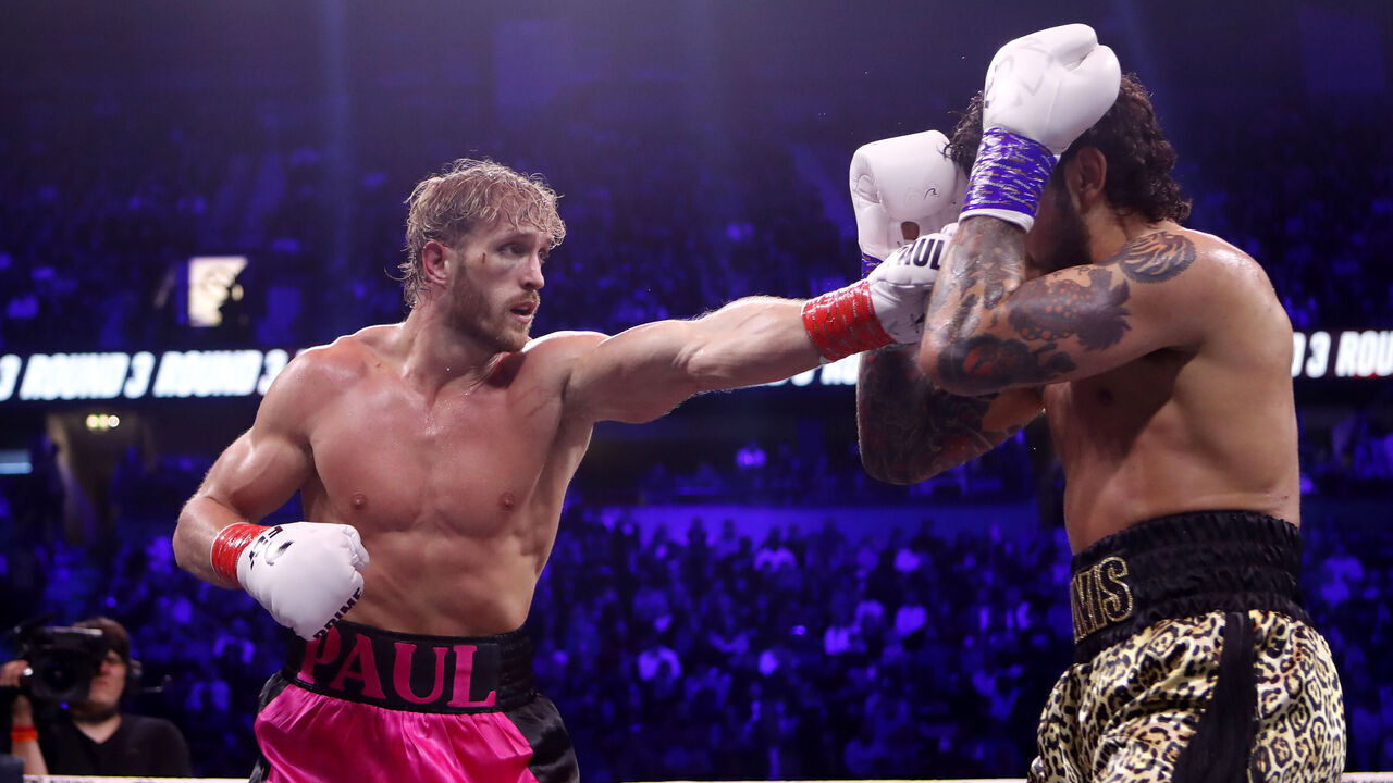 Logan Paul (left) in action against Dillon Danis during the MF and DAZN: X Series event at the AO Arena, Manchester. Picture date: Saturday October 14, 2023.