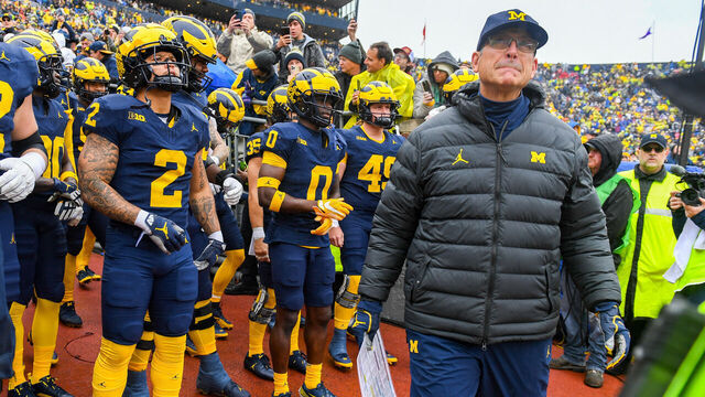 ANN ARBOR, MICHIGAN - OCTOBER 14: Head Coach Jim Harbaugh of the Michigan Wolverines prepares to lead his team onto the field before a game between the Michigan Wolverines and the Indiana Hoosiers at Michigan Stadium on October 14, 2023 in Ann Arbor, Michigan.