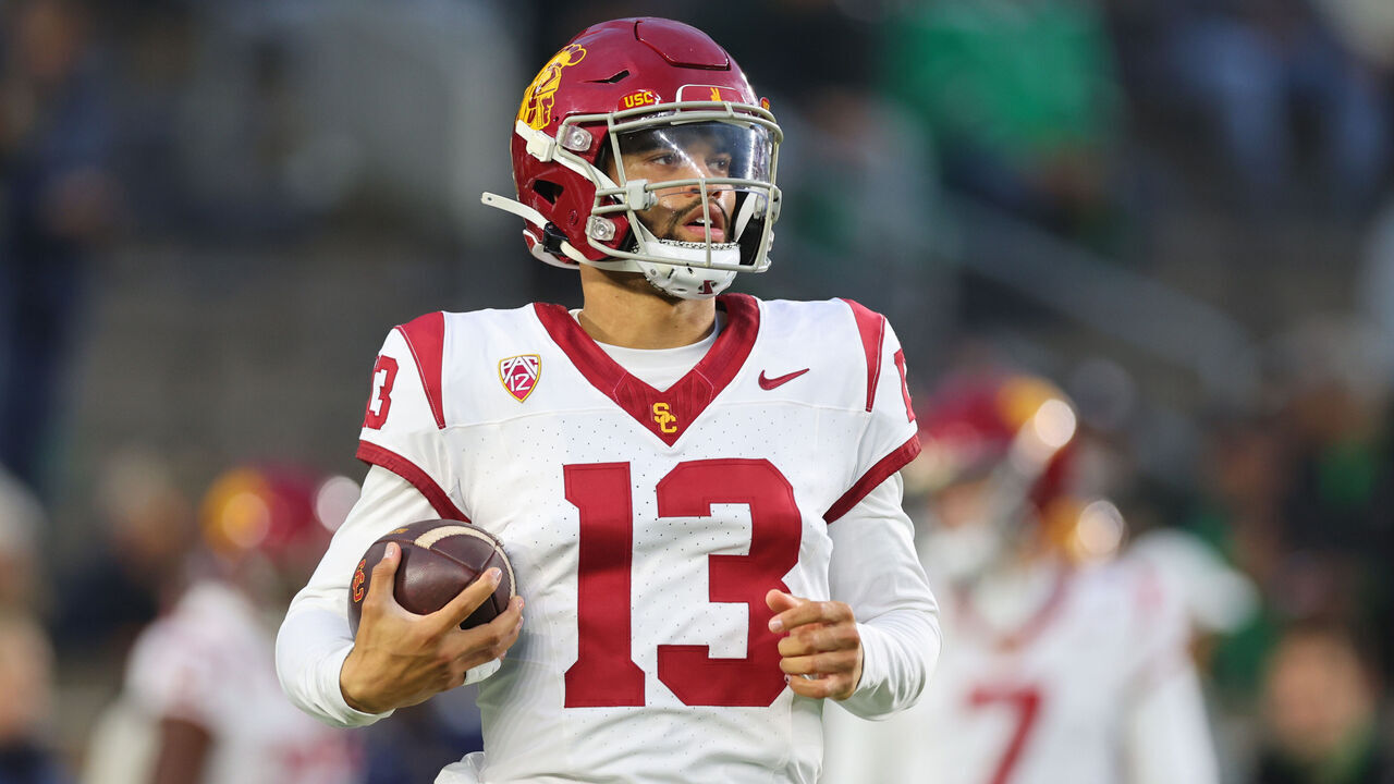 SOUTH BEND, INDIANA - OCTOBER 14: Caleb Williams #13 of the USC Trojans warms up prior to the game against the Notre Dame Fighting Irish at Notre Dame Stadium on October 14, 2023 in South Bend, Indiana.