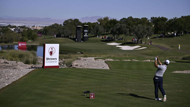 LAS VEGAS, NEVADA - OCTOBER 14: Tom Kim of South Korea plays his shot from the 17th tee during the third round of the Shriners Children's Open at TPC Summerlin on October 14, 2023 in Las Vegas, Nevada.