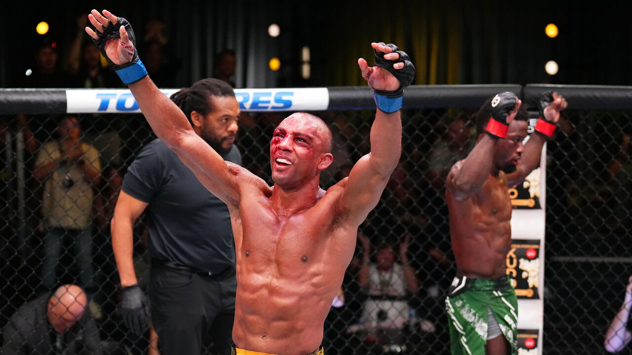 LAS VEGAS, NEVADA - OCTOBER 14: Edson Barboza of Brazil reacts after the conclusion of a featherweight fight against Sodiq Yusuff of Nigeria during the UFC Fight Night event at UFC APEX on October 14, 2023 in Las Vegas, Nevada.