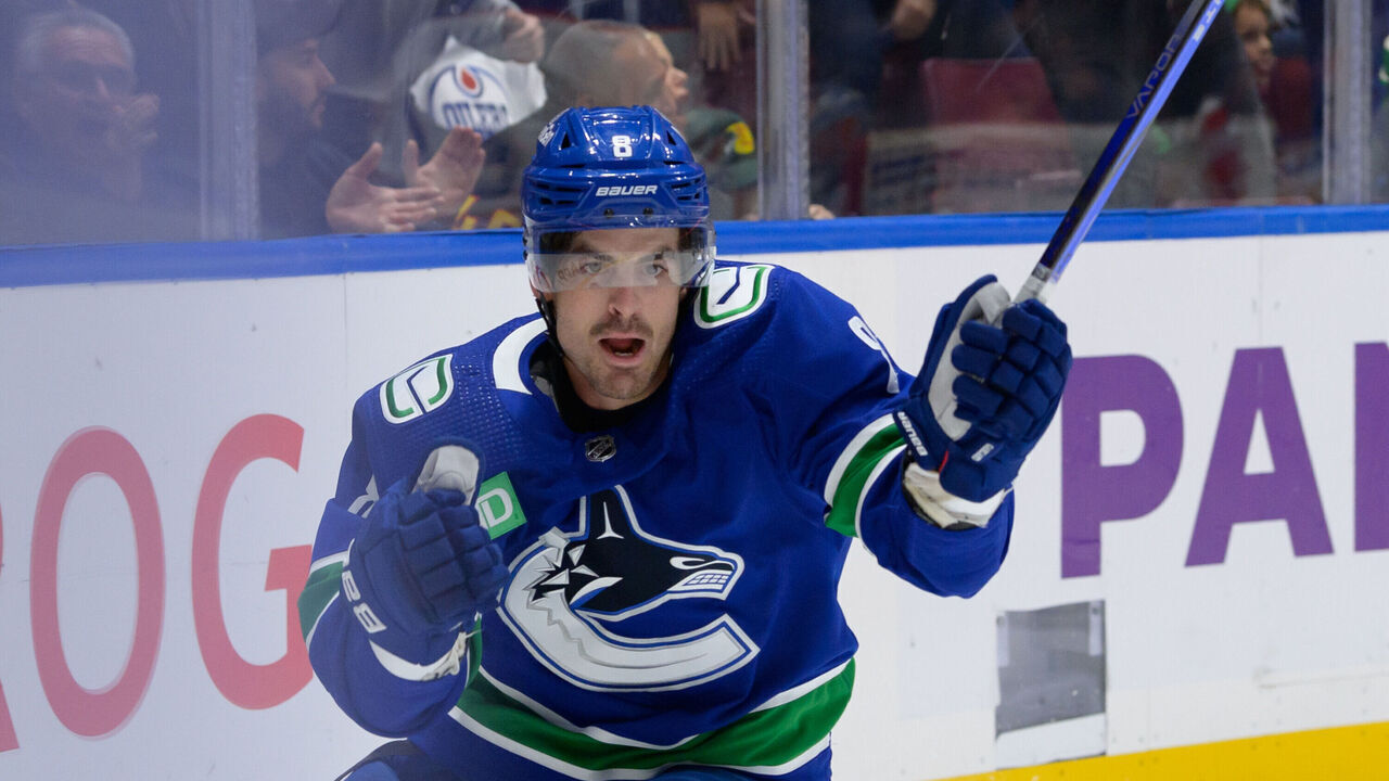 VANCOUVER, CANADA - OCTOBER 11: Conor Garland #8 of the Vancouver Canucks celebrates after scoring a goal during the first period of their NHL game against the Edmonton Oilers at Rogers Arena on October 11, 2023 in Vancouver, British Columbia, Canada.