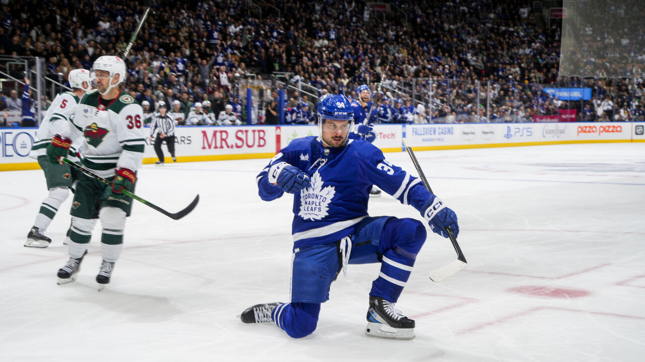 TORONTO, ON - OCTOBER 14: Auston Matthews #34 of the Toronto Maple Leafs celebrates his goal against the Minnesota Wild during the first period at the Scotiabank Arena on October 14, 2023 in Toronto, Ontario, Canada.