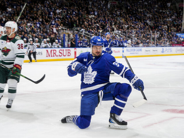 TORONTO, ON - OCTOBER 14: Auston Matthews #34 of the Toronto Maple Leafs celebrates his goal against the Minnesota Wild during the first period at the Scotiabank Arena on October 14, 2023 in Toronto, Ontario, Canada.