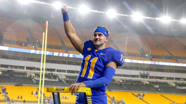 PITTSBURGH, PA - OCTOBER 14: Pitt Panthers quarterback Christian Veilleux (11) leads the fans in the alma mater following the college football game between the Louisville Cardinals and Pitt Panthers on October 14, 2023, at Acrisure Stadium in Pittsburgh, PA.