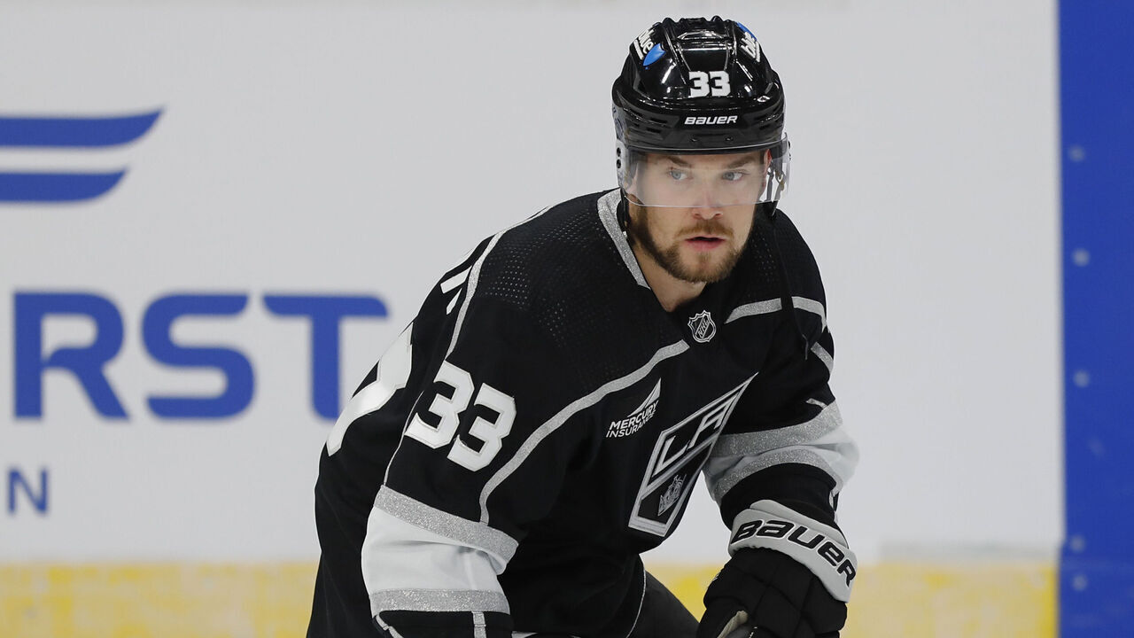 SALT LAKE CITY, UT - OCTOBER 5: Viktor Arvidsson #33 of the Los Angeles Kings skates during warmups before their pre-season game against the San Jose Sharks at the Delta Center October 5, 2023 in Salt Lake City, Utah.