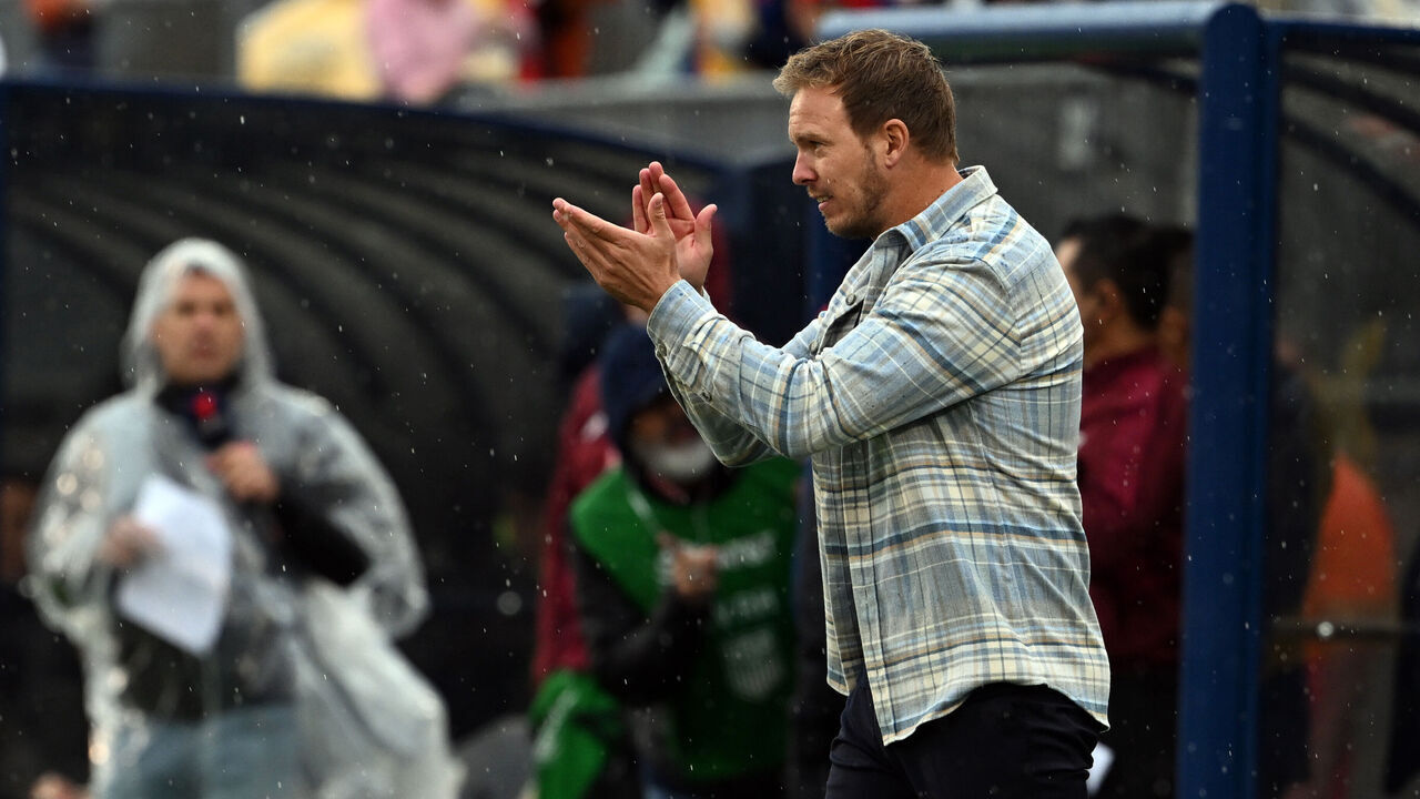 14 October 2023, USA, East Hartford: Soccer: Internationals, USA - Germany, Pratt & Whitney Stadium at Rentschler Field. Germany's national coach Julian Nagelsmann celebrates his goal to make it 1:2. Photo: Federico Gambarini/dpa
