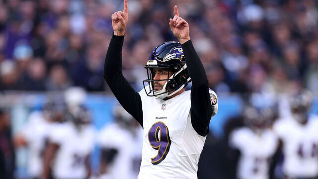 LONDON, ENGLAND - OCTOBER 15: Justin Tucker #9 of the Baltimore Ravens celebrates a 41 yard field goal in the first quarter during the 2023 NFL London Games match between Baltimore Ravens and Tennessee Titans at Tottenham Hotspur Stadium on October 15, 2023 in London, England.