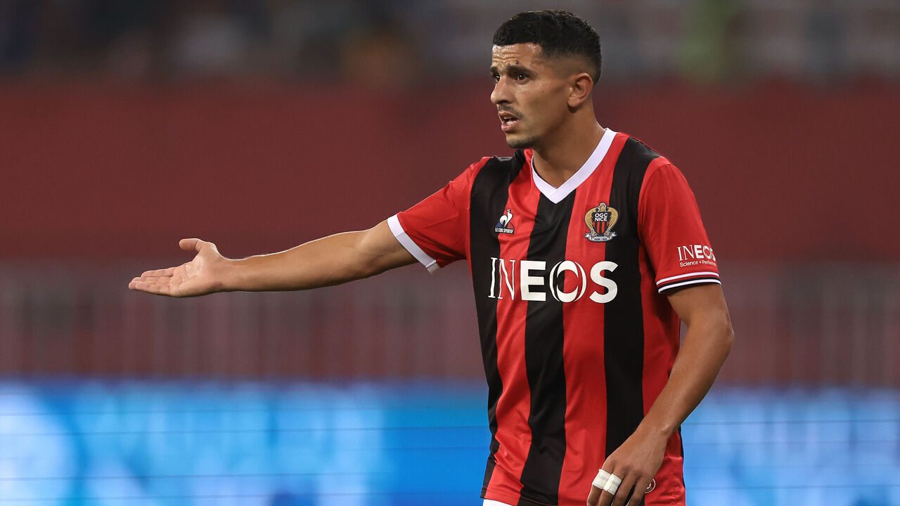 NICE, FRANCE - AUGUST 11: Youcef Atal of OGC Nice reacts during the Ligue 1 Uber Eats match between OGC Nice and LOSC Lille on August 11, 2023 in Nice, France.