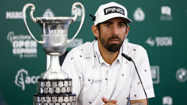 MADRID, SPAIN - OCTOBER 15: Matthieu Pavon of France attends his press conference with the trophy after winning the Acciona Open de Espana, Round 4, Golf tournament at Club de Campo on October 15, 2023, in Madrid, Spain.