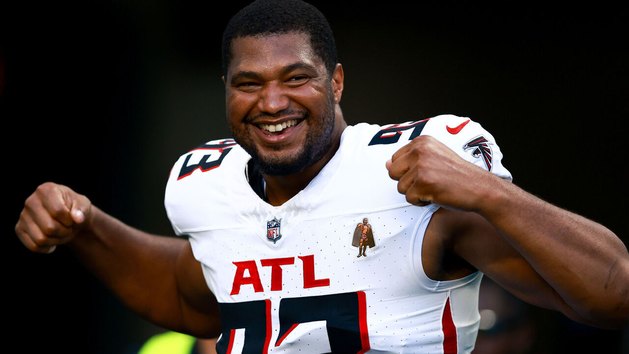 MIAMI GARDENS, FLORIDA - AUGUST 11: Calais Campbell #93 of the Atlanta Falcons takes the field prior to playing the Miami Dolphins in a preseason game at Hard Rock Stadium on August 11, 2023 in Miami Gardens, Florida.