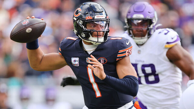 CHICAGO, ILLINOIS - OCTOBER 15: Justin Fields #1 of the Chicago Bears looks to pass in the game agains the Minnesota Vikings during the first quarter at Soldier Field on October 15, 2023 in Chicago, Illinois.