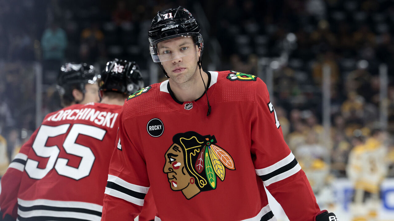 BOSTON, MA - OCTOBER 11: Chicago Blackhawks left wing Taylor Hall (71) in warm up before a game between the Boston Bruins and the Chicago Blackhawks on October 11, 2023, at TD Garden in Boston, Massachusetts.