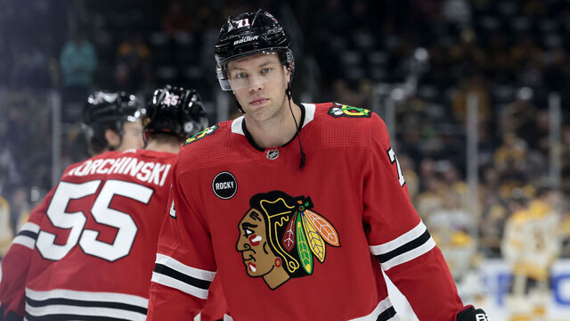 BOSTON, MA - OCTOBER 11: Chicago Blackhawks left wing Taylor Hall (71) in warm up before a game between the Boston Bruins and the Chicago Blackhawks on October 11, 2023, at TD Garden in Boston, Massachusetts.