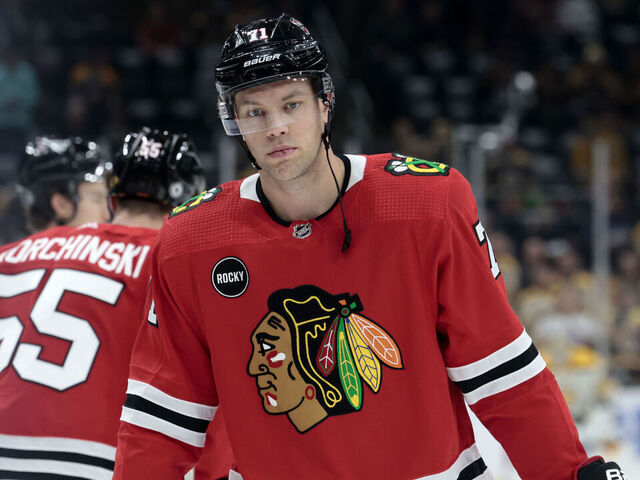 BOSTON, MA - OCTOBER 11: Chicago Blackhawks left wing Taylor Hall (71) in warm up before a game between the Boston Bruins and the Chicago Blackhawks on October 11, 2023, at TD Garden in Boston, Massachusetts.