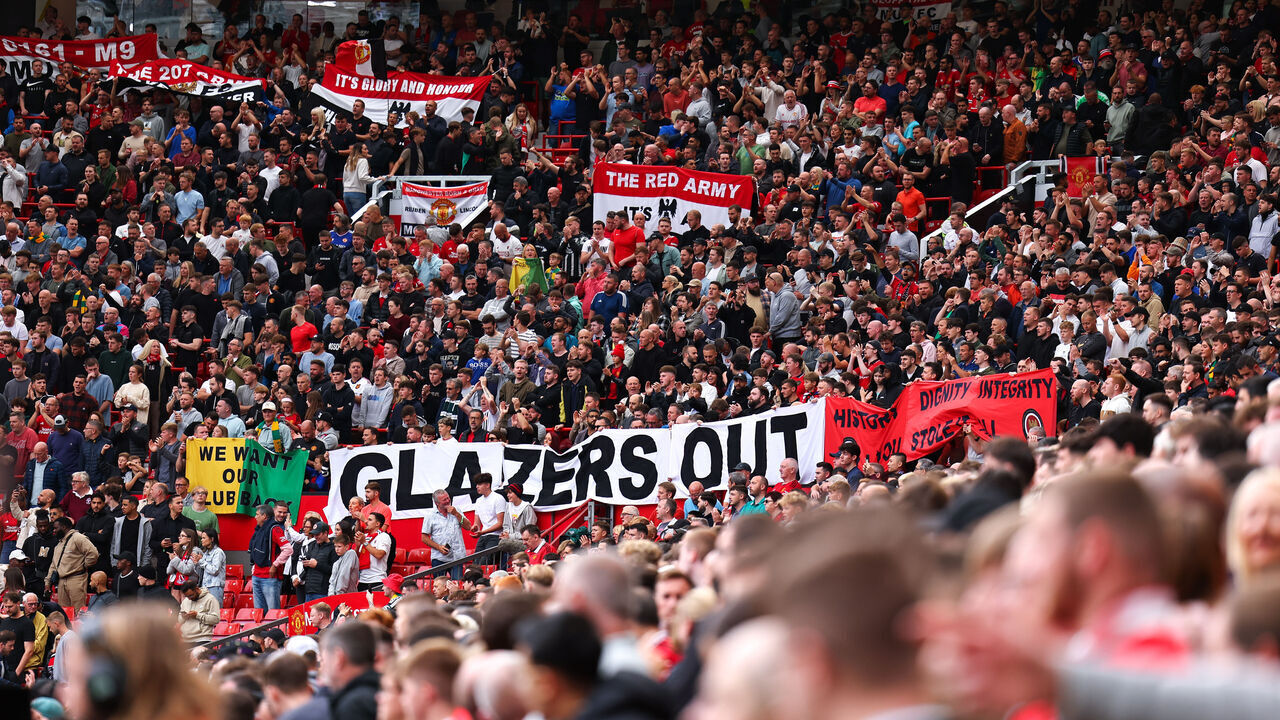 MANCHESTER, ENGLAND - SEPTEMBER 16: Fans of Manchester United protest agains the clubs ownership, The Glazer Family during the Premier League match between Manchester United and Brighton & Hove Albion at Old Trafford on September 16, 2023 in Manchester, United Kingdom.