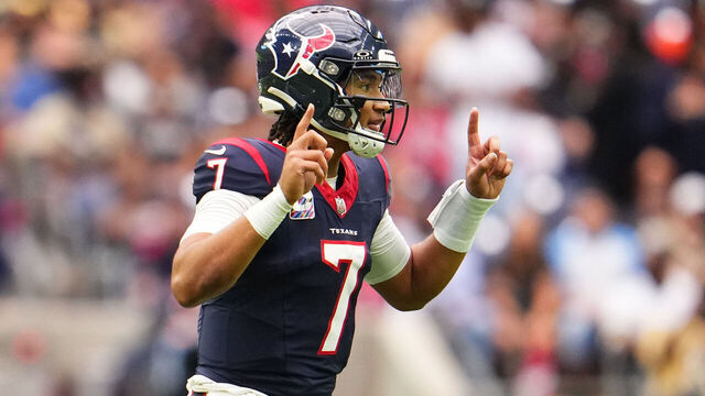 HOUSTON, TX - OCTOBER 15: C.J. Stroud #7 of the Houston Texans reacts after a play against the New Orleans Saints during the first half at NRG Stadium on October 15, 2023 in Houston, Texas.