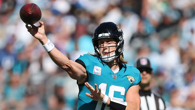 JACKSONVILLE, FLORIDA - OCTOBER 15: Trevor Lawrence #16 of the Jacksonville Jaguars throws a pass during the third quarter against the Indianapolis Colts at EverBank Stadium on October 15, 2023 in Jacksonville, Florida.