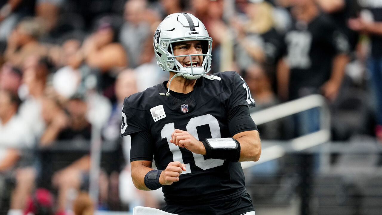 LAS VEGAS, NEVADA - OCTOBER 15: Jimmy Garoppolo #10 of the Las Vegas Raiders reacts while running onto the field prior to a game against the New England Patriots at Allegiant Stadium on October 15, 2023 in Las Vegas, Nevada.