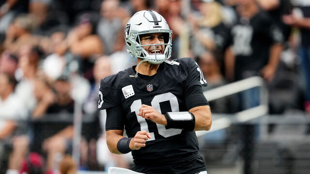 LAS VEGAS, NEVADA - OCTOBER 15: Jimmy Garoppolo #10 of the Las Vegas Raiders reacts while running onto the field prior to a game against the New England Patriots at Allegiant Stadium on October 15, 2023 in Las Vegas, Nevada.