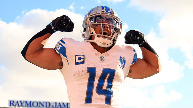 TAMPA, FLORIDA - OCTOBER 15: Amon-Ra St. Brown #14 of the Detroit Lions celebrates after a receiving touchdown during the second quarter against the Tampa Bay Buccaneers at Raymond James Stadium on October 15, 2023 in Tampa, Florida.