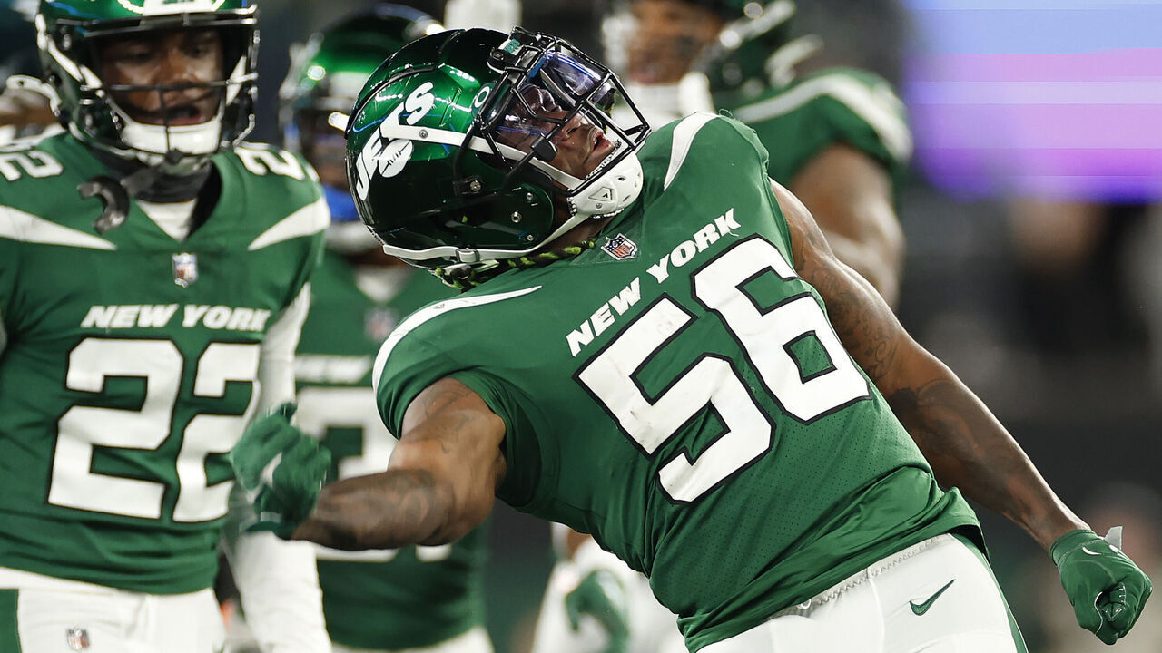 EAST RUTHERFORD, NEW JERSEY - OCTOBER 15: Quincy Williams #56 of the New York Jets reacts during the fourth quarter in the game against the Philadelphia Eagles at MetLife Stadium on October 15, 2023 in East Rutherford, New Jersey.
