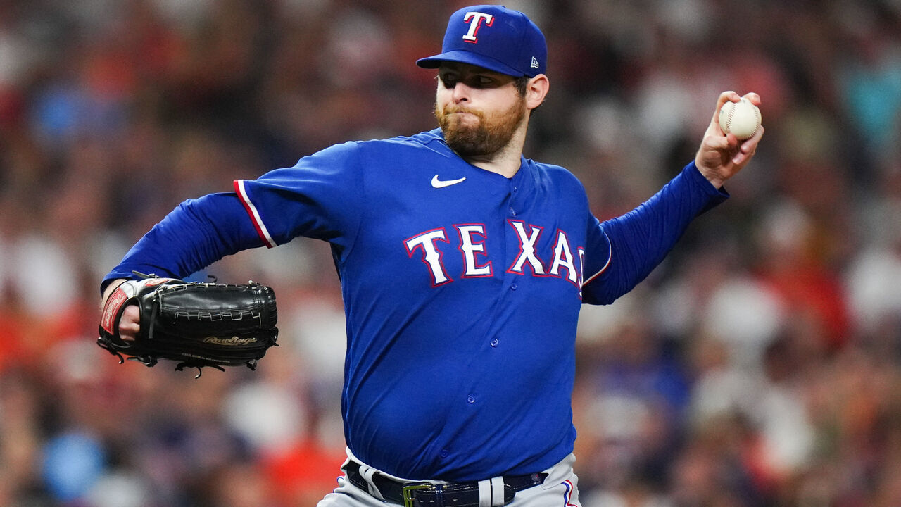 HOUSTON, TX - OCTOBER 15: Jordan Montgomery #52 of the Texas Rangers pitches during Game 1 of the ALCS between the Texas Rangers and the Houston Astros at Minute Maid Park on Sunday, October 15, 2023 in Houston, Texas.