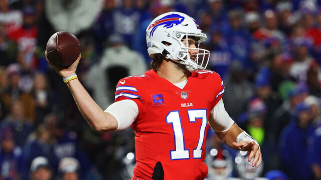ORCHARD PARK, NEW YORK - OCTOBER 15: Josh Allen #17 of the Buffalo Bills throws a pass in the second quarter of a game against the New York Giants at Highmark Stadium on October 15, 2023 in Orchard Park, New York.