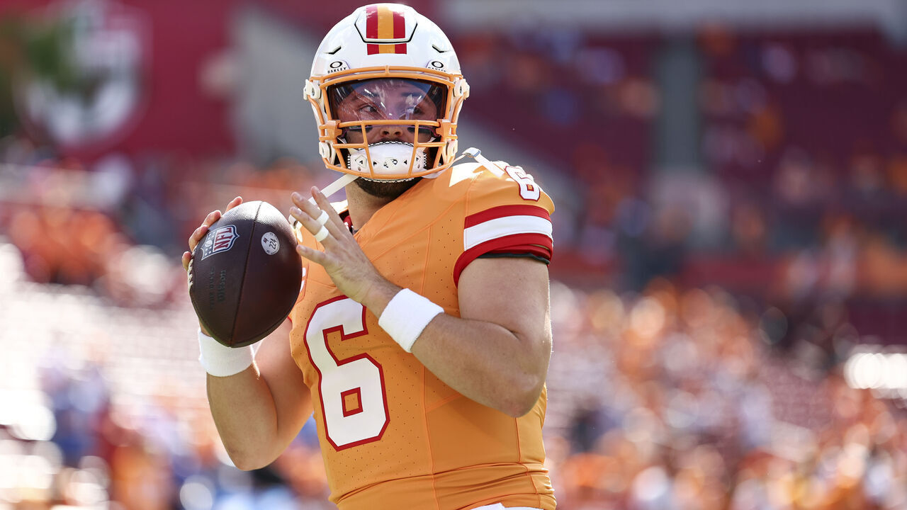 TAMPA, FL - OCTOBER 15: Baker Mayfield #6 of the Tampa Bay Buccaneers warms up prior to an NFL football game against the Detroit Lions at Raymond James Stadium on October 15, 2023 in Tampa, Florida.