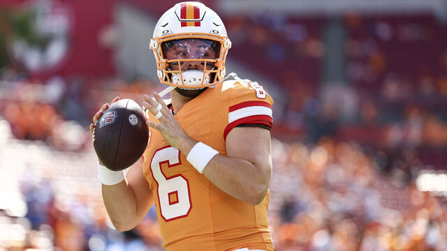 TAMPA, FL - OCTOBER 15: Baker Mayfield #6 of the Tampa Bay Buccaneers warms up prior to an NFL football game against the Detroit Lions at Raymond James Stadium on October 15, 2023 in Tampa, Florida.
