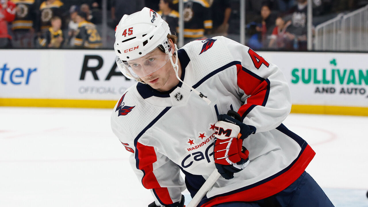 BOSTON, MASSACHUSETTS - OCTOBER 3: Matthew Phillips #45 of the Washington Capitals warms up before a preseason game against the Boston Bruins at the TD Garden on October 3, 2023 in Boston, Massachusetts. The Capitals won 5-4 in overtime.