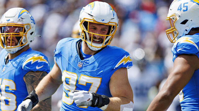 NASHVILLE, TENNESSEE - SEPTEMBER 17: Joey Bosa #97 of the Los Angeles Chargers celebrates after sacking the quarterback during the game against the Tennessee Titans at Nissan Stadium on September 17, 2023 in Nashville, Tennessee. The Titans defeated the Chargers 27-24.