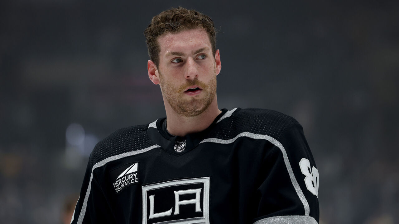LOS ANGELES, CALIFORNIA - OCTOBER 11: Pierre-Luc Dubois #80 of the Los Angeles Kings during warm up before the game against the Colorado Avalanche in the Los Angeles Kings season opening game at Crypto.com Arena on October 11, 2023 in Los Angeles, California.