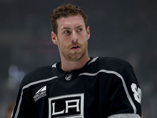 LOS ANGELES, CALIFORNIA - OCTOBER 11: Pierre-Luc Dubois #80 of the Los Angeles Kings during warm up before the game against the Colorado Avalanche in the Los Angeles Kings season opening game at Crypto.com Arena on October 11, 2023 in Los Angeles, California.