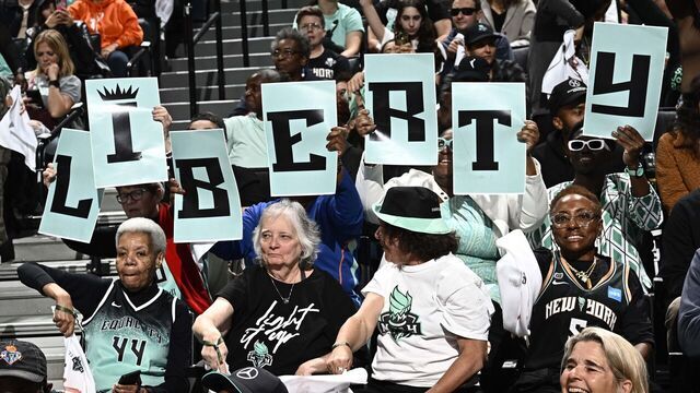 BROOKLYN, NY - OCTOBER 15: The New York Liberty fans celebrates during the game against the Las Vegas Aces during game 3 of the 2023 WNBA Finals on October 15, 2023 at the Barclays Center in Brooklyn, New York. Mandatory Copyright Notice: Copyright 2023 NBAE