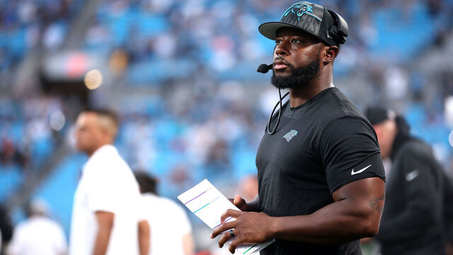 CHARLOTTE, NORTH CAROLINA - AUGUST 25: Carolina Panthers offensive coordinator Thomas Brown looks on during the first quarter of a preseason game against the Detroit Lions at Bank of America Stadium on August 25, 2023 in Charlotte, North Carolina.