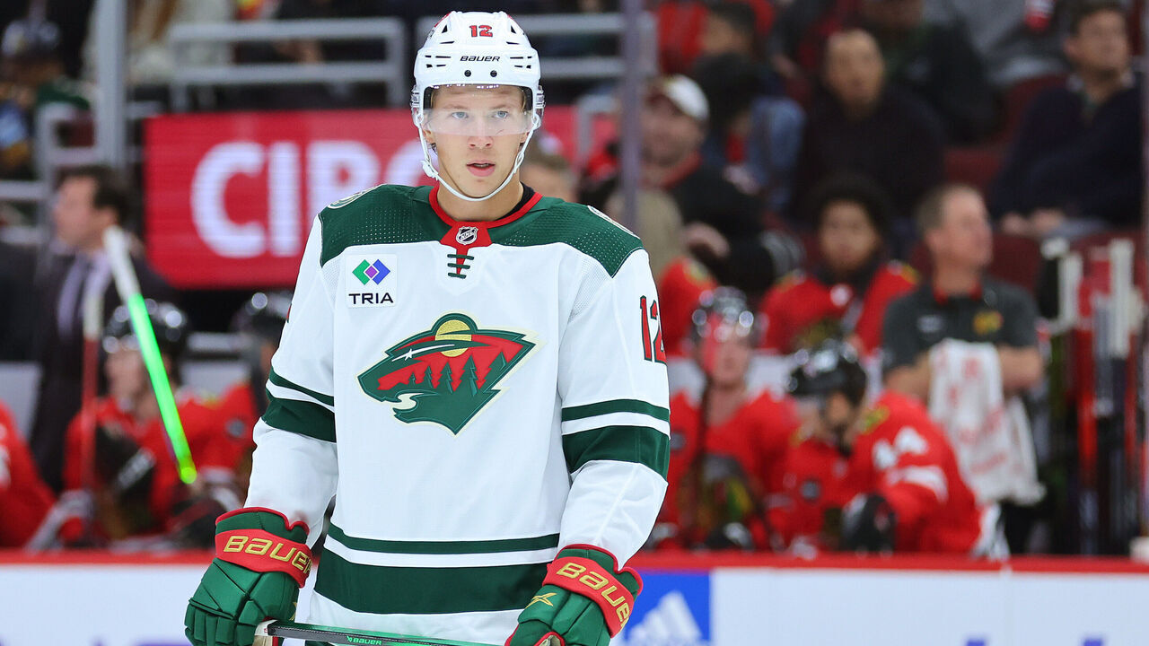CHICAGO, ILLINOIS - OCTOBER 05: Matt Boldy #12 of the Minnesota Wild looks on against the Chicago Blackhawks during the first period of a preseason game at the United Center on October 05, 2023 in Chicago, Illinois.
