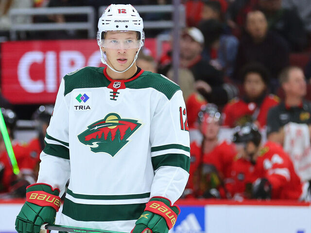CHICAGO, ILLINOIS - OCTOBER 05: Matt Boldy #12 of the Minnesota Wild looks on against the Chicago Blackhawks during the first period of a preseason game at the United Center on October 05, 2023 in Chicago, Illinois.
