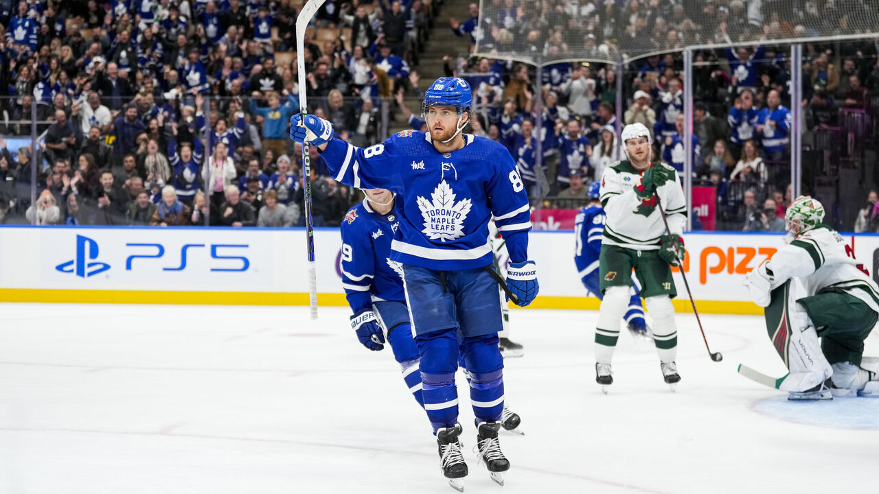 TORONTO, ON - OCTOBER 14: William Nylander #88 of the Toronto Maple Leafs celebrates his second goal of the game against the Minnesota Wild during the third period at the Scotiabank Arena on October 14, 2023 in Toronto, Ontario, Canada.